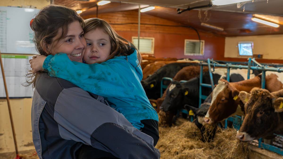 En person holder et barn i en blå jakke i en innendørs dyrestall. Flere kyr står i bakgrunnen, omgitt av strå og fôr. Veggen på venstre side har en tavle synlig. Belysningen i rommet er varm og gir en hjemmekoselig atmosfære.