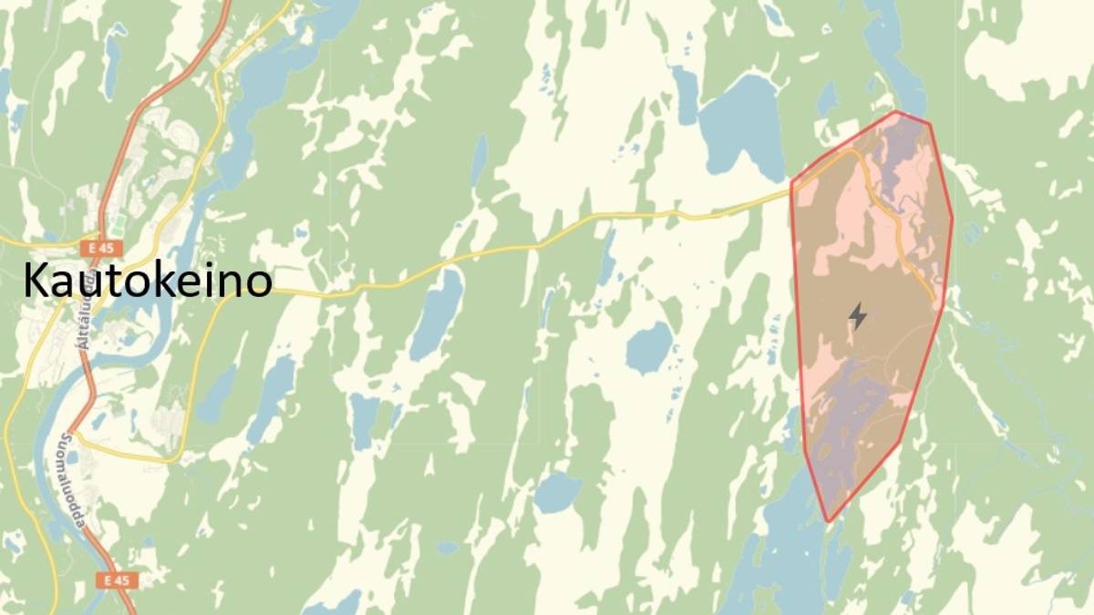 Kart over Kautokeino, med skjermet område markert med rød linje. Elver og innsjøer er synlige. E45 veien går gjennom byen. Området viser biodiversitet i landskapet.