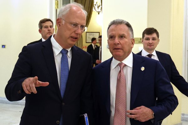President Vladimir Putin's investment envoy Kirill Dmitriev, left, and U.S. President Donald Trump's special envoy Steve Witkoff walk to attend the talks with Russian President Vladimir Putin in St. Petersburg, Russia, Friday, April 11, 2025. (Vyacheslav Prokofyev, Sputnik, Kremlin Pool Photo via AP)
