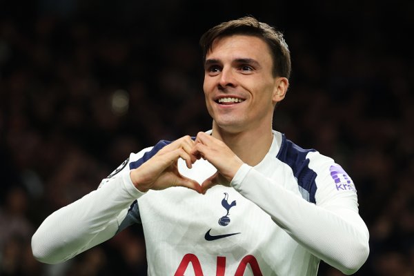 Tottenham's Joao Palhinha celebrates after scoring his side's fourth goal during the Champions League opening phase soccer match between Tottenham and Copenhagen, in London, England, Tuesday, Nov. 4, 2025. (AP Photo/Ian Walton)