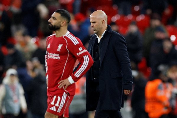 Soccer Football - UEFA Champions League - Liverpool v PSV Eindhoven - Anfield, Liverpool, Britain - November 26, 2025
Liverpool manager Arne Slot and Liverpool's Mohamed Salah after the match Action Images via Reuters/Jason Cairnduff     TPX IMAGES OF THE DAY     