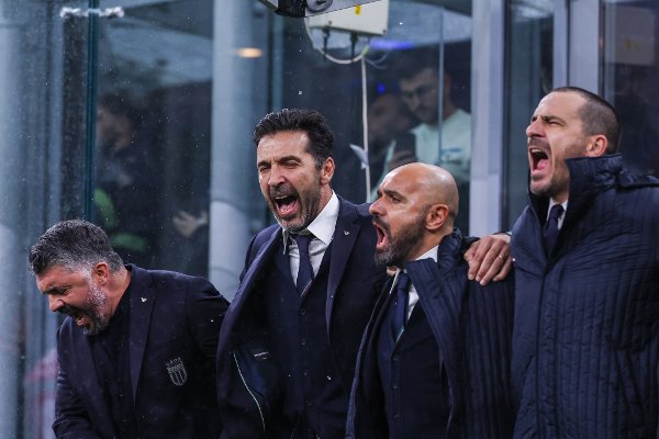 CALCIO - FIFA Mondiali - Qualifiers - Italy vs Norway. Gennaro Ivan Gattuso Head Coach of Italy seen with Gianluigi Buffon Head Delegation of Italy, Luigi Riccio Assistant Coach of Italy and Leonardo Bonucci Technical Assistant of Italy during FIFA World Cup 2026 qualifier football match between Italy and Norway at San Siro Stadium in Milan URN:82456513