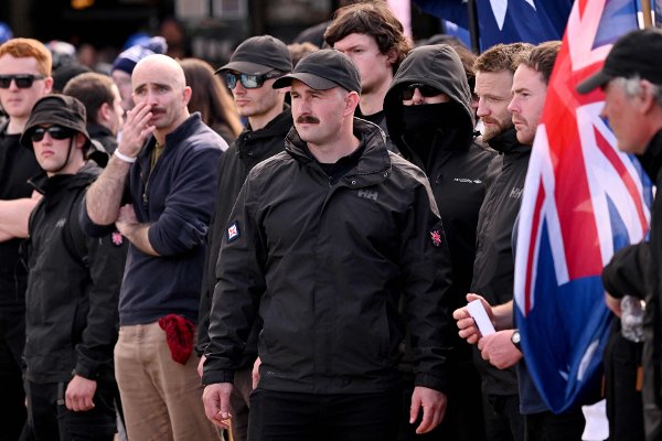 National Socialist Network member Thomas Sewell (C) leads his supporters during a