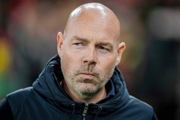 Denmark's national coach Brian Riemer before the World Cup group C qualification match between Denmark and Greece at Parken stadium in Copenhagen, Sunday, Oct. 12, 2025. (Mads Claus Rasmussen/Ritzau Scanpix via AP)