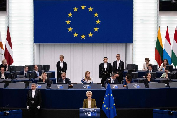 EU Commission President Ursula von der Leyen gives her annual State of the Union address during a plenary session at the European Parliament in Strasbourg, eastern France, on September 10, 2025. EU chief Ursula von der Leyen said on September 10 she would push to sanction 