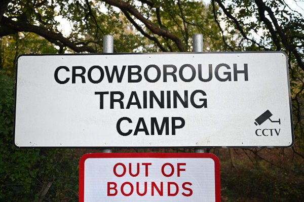 A sign is pictured at Crowborough Training Camp, in Crowborough, south east England on October 28, 2025. The UK government advised the local council on Tuesday that it intends to use the military Camp as a temporary asylum accommodation centre for up to 12 months from the end of November 2025. (Photo by JUSTIN TALLIS / AFP)