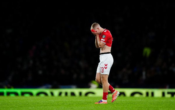 Denmark's Rasmus Kristensen after being sent off during the FIFA World Cup European Qualifying match at Hampden Park, Glasgow. Picture date: Tuesday November 18, 2025.