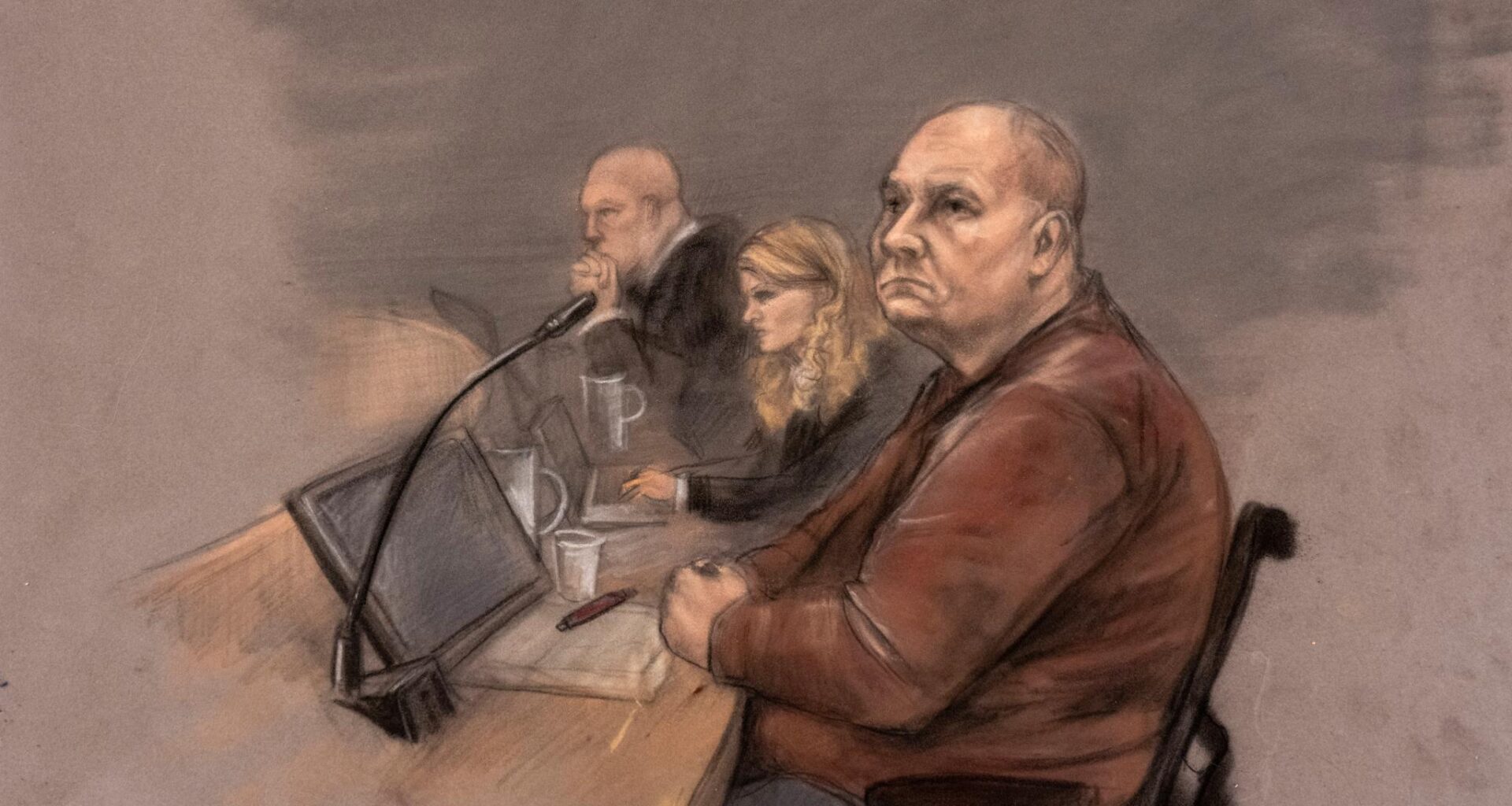 Tegning av Jan Helge Andersen under behandlingen av ankesaken i Baneheia-saken i Gulating lagmannsrett i Bergen i april.