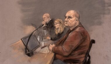 Tegning av Jan Helge Andersen under behandlingen av ankesaken i Baneheia-saken i Gulating lagmannsrett i Bergen i april.