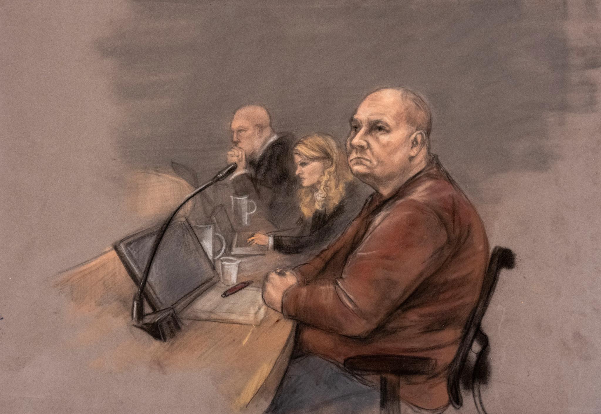 Tegning av Jan Helge Andersen under behandlingen av ankesaken i Baneheia-saken i Gulating lagmannsrett i Bergen i april.