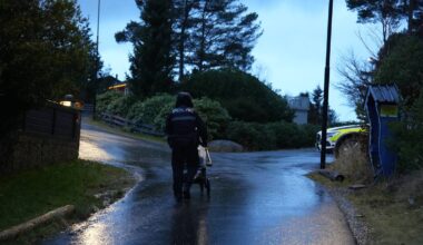 En politibetjent går med en barnevogn på en våt vei. Omgivelsene er preget av trær og bosetning. Det er mørkt, med svake lys fra husene i bakgrunnen. En politibil står parkert ved veikanten.