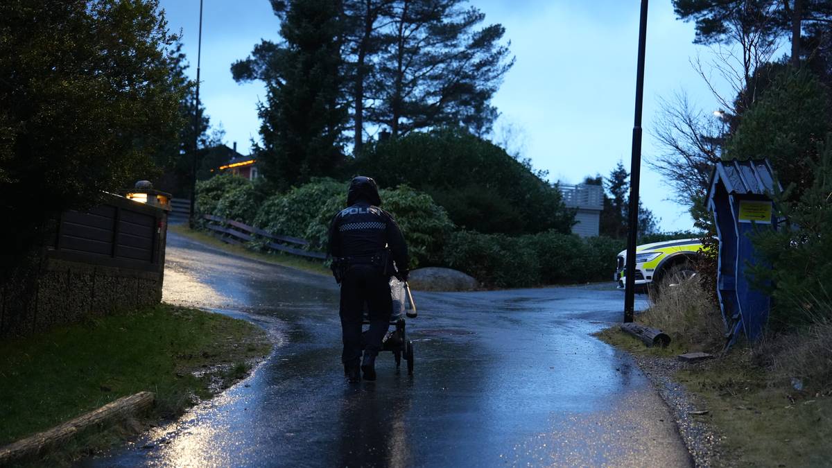 En politibetjent går med en barnevogn på en våt vei. Omgivelsene er preget av trær og bosetning. Det er mørkt, med svake lys fra husene i bakgrunnen. En politibil står parkert ved veikanten.