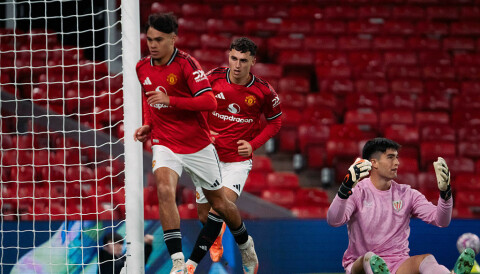 MANCHESTER, ENGLAND - SEPTEMBER 24: James Scanlon of Manchester United celebrates scoring a goal to make the score 1-1 during the Premier League International Cup match between Manchester United U21 & Athletic Club de Bilbao B at Old Trafford on September 24, 2025 in Manchester, England. (Photo by Poppy Townson - MUFC/Manchester United via Getty Images)
