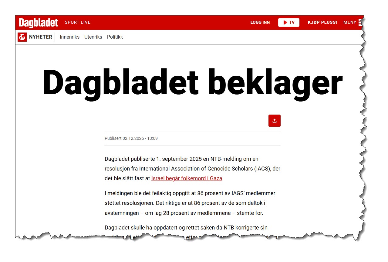 Etter MIFFs klage ber Dagbladet om unnskyldning - Med Israel for fred (MIFF)