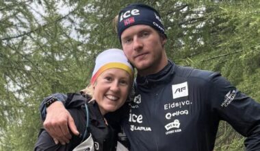 Johan-Olav Botn takker kjæresten Karoline Simpson-Larsen etter en fantastisk start på sesongen