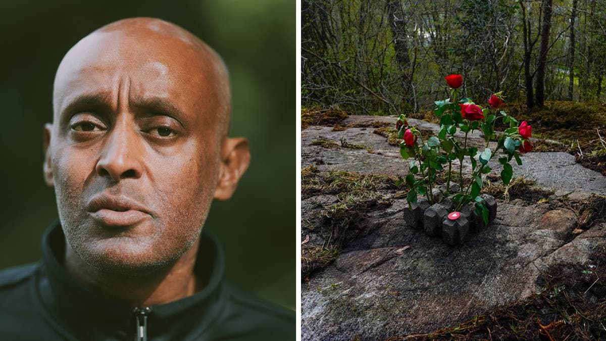 En kollasj av en mann som ser inn i kameraet og blomster satt ut ved et åsted.