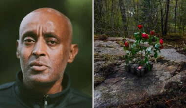 En kollasj av en mann som ser inn i kameraet og blomster satt ut ved et åsted.