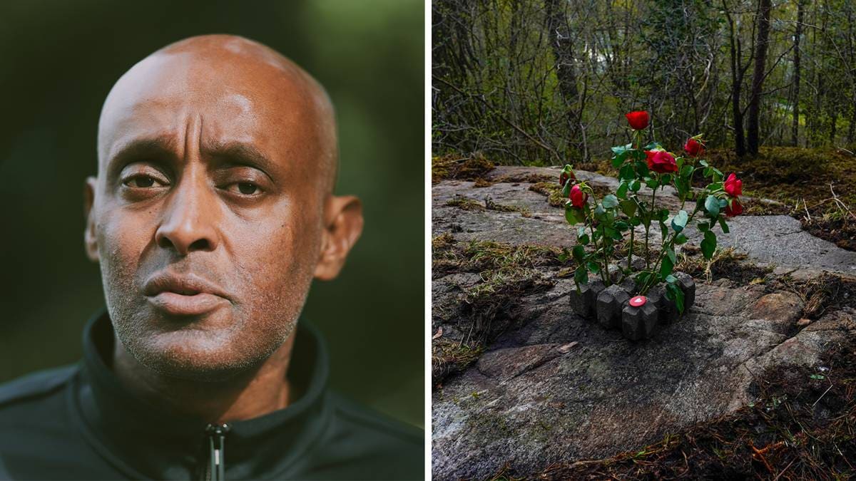 En kollasj av en mann som ser inn i kameraet og blomster satt ut ved et åsted.