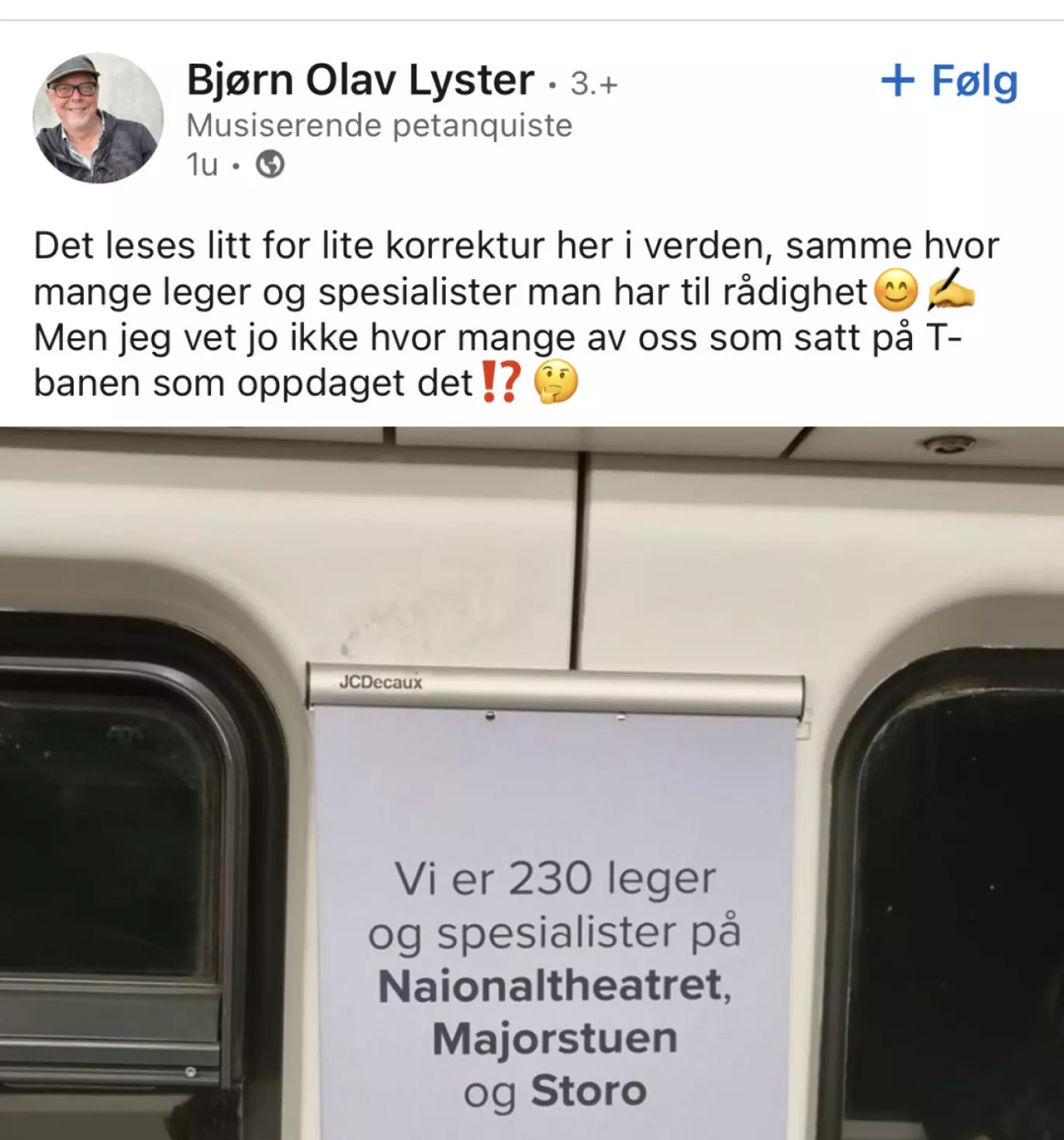 REAGERER: Lyster mener det blir lest altfor lite korrektur når slike skrivefeil får passere uten at noen oppdager dem. Foto: Skjermdump