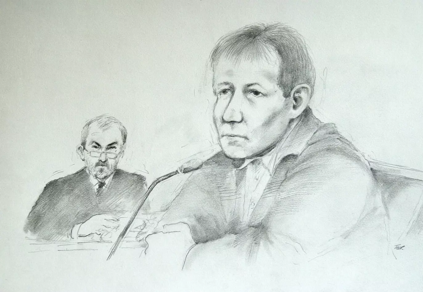 RETTSTEGNING: Den nå drapssiktede mannen tegnet i retten i 2000. Tegning: Tor Kvarve