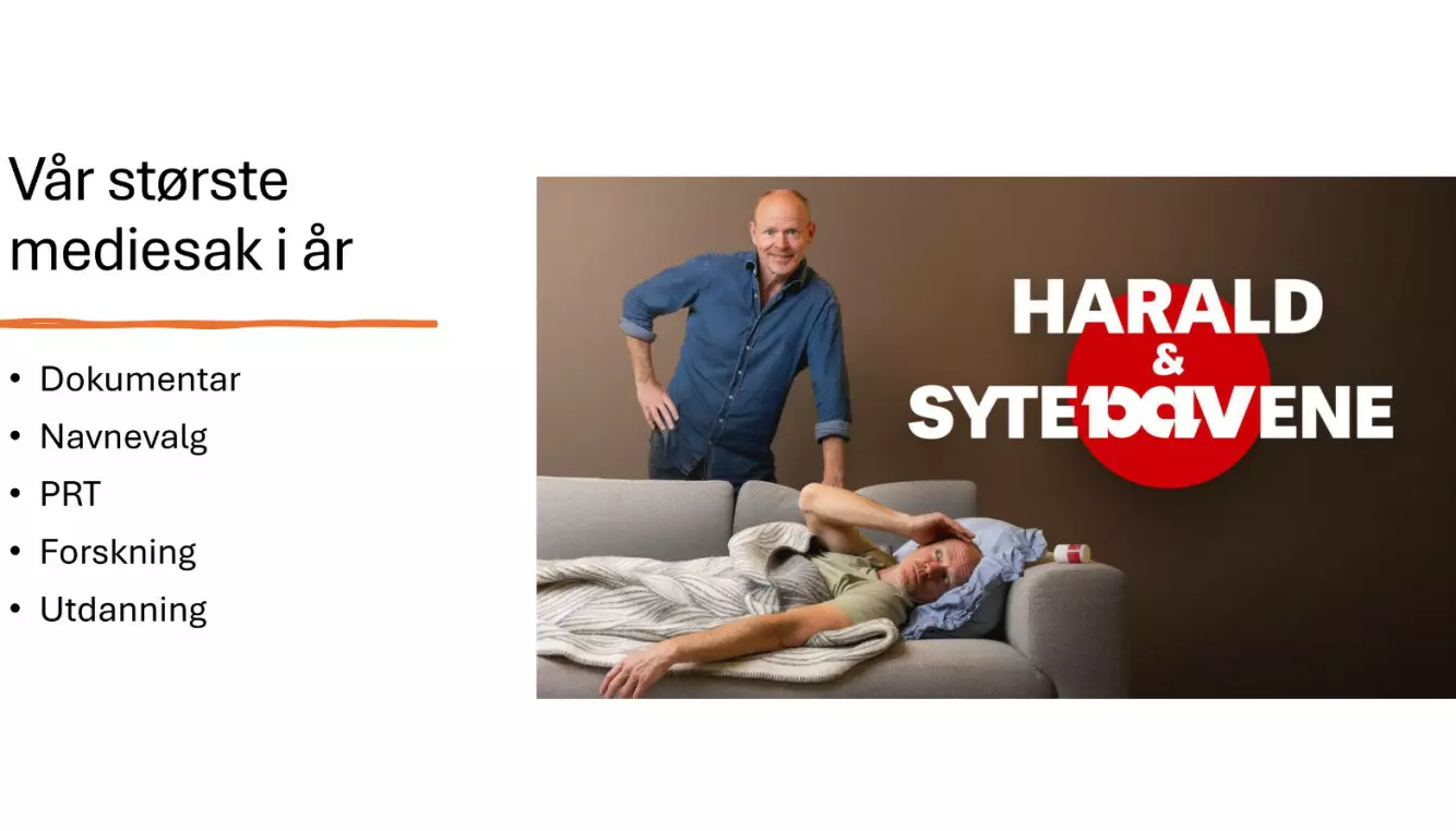 MEDIE-SATSING: I presentasjoner i høst har lederen for smerteklinikken ved OUS presentert Harald & sytepavene som sin største mediesak i 2025. Foto: Skjermdump av presentasjon