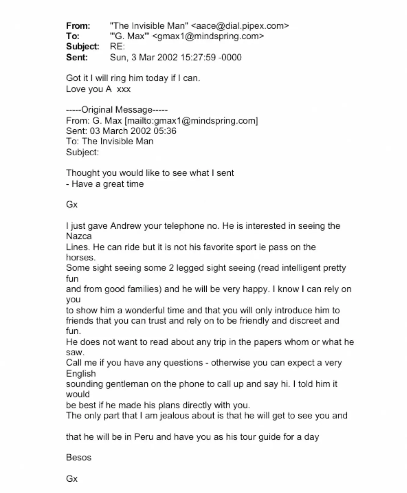 PERU: Et dokument viser Ghislaine Maxwell videresende en mail til «The Invisible Man», der hun forklarer kjøreplanen for en reise. Foto: U.S. Justice Department / NTB