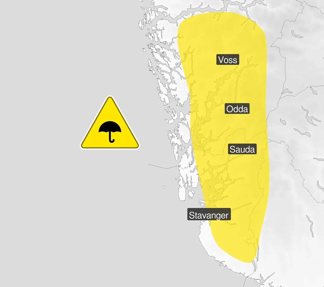 Gult farevarsel for nedbør på Vestlandet