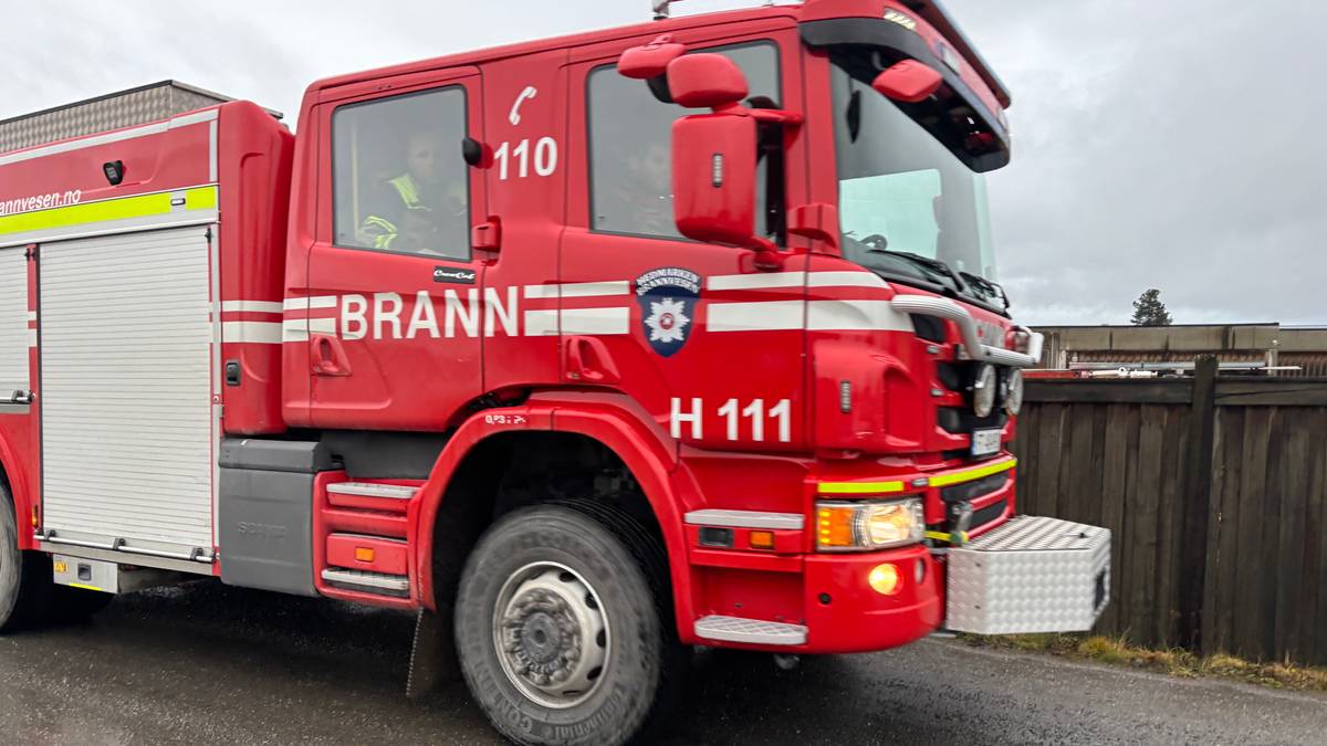 En brannbil står på en vei, delvis skjult av en trehekk. Bilen er rød og merket med "BRANN" og et politilogo. Inni bilen er flere ansatte i brannvesenet synlige. Omgivelsene er preget av grått vær og asfalt. (Bildebeskrivelsen er laget av en KI-tjeneste)