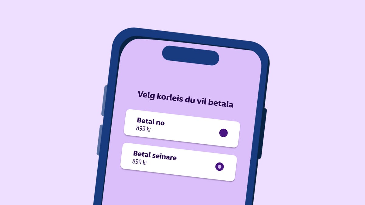 En telefonskjerm viser et betalingsalternativ med overskiften, "velg hvordan du vil betale". Under er det to alternativer, "Betal nå", og "Betal senere"