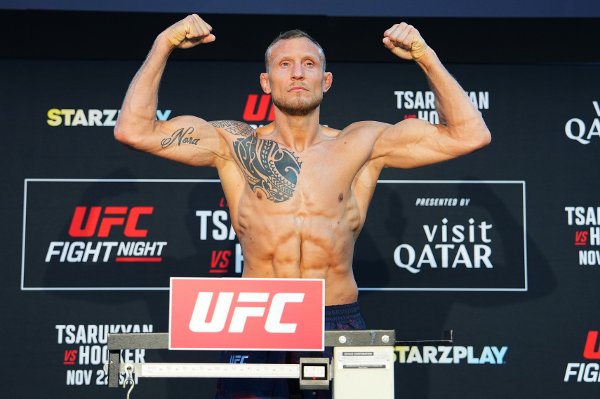 DOHA, QATAR - NOVEMBER 21: Jack Hermansson of Sweden poses on the scale during the UFC Fight Night official weigh-ins at The Sheraton Grand Doha on November 21, 2025 in Doha, Qatar. (Photo by Jeff Bottari/Zuffa LLC)