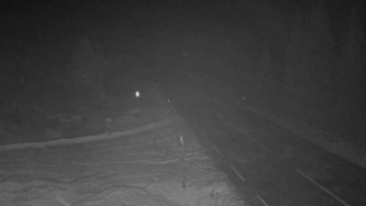 Et webkamerabilde av E6 nord for Snåsa. Det er mørkt og mye snø på stedet.