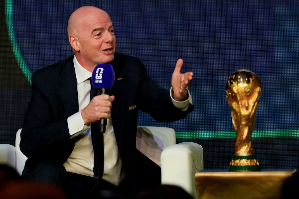 FIFA President Gianni Infantino speaks during the match schedule reveal for the 2026 soccer World Cup in Washington, Saturday, Dec. 6, 2025. (AP Photo/Chris Carlson)