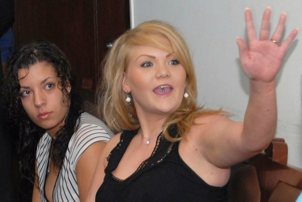 Norway's Stina Bredema Hagen, right, gestures as Madeleine Alicia Rodriguez looks on during their trial at the Superior Justice Court in Cochabamba, Bolivia, Friday, Dec. 11, 2009. Hagen and Rodriguez, along with one other Norwegian woman, are on trial for alleged drug trafficking. (AP Photo/Nano Cartagena)