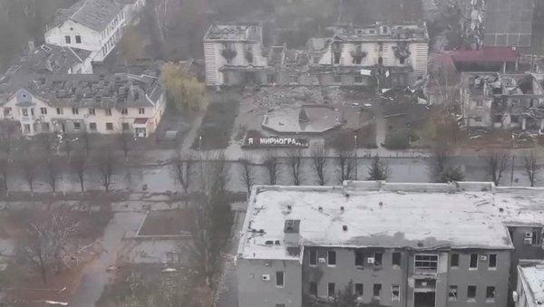 An aerial view shows the town of Myrnohrad, Ukraine in this screengrab from a video released November 12, 2025 and obtained by REUTERS. THIS IMAGE HAS BEEN SUPPLIED BY A THIRD PARTY. MANDATORY CREDIT. NO RESALES. NO ARCHIVES. Verification Note: Reuters was able to confirm the location of the video by the road layout, trees, buildings and bodies of water that matched satellite imagery. The shape of the mountains matched topography mapping. The date when the video was filmed could not be verified.

