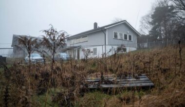 Et grått hus står i en disig landskap, omgitt av tørre planter. To biler står parkert foran huset, som har flere vinduer. En gjerde omkranser eiendommen, og i forgrunnen ligger en palle på bakken. Omgivelsene fremstår som stille og vage på grunn av tåke. (Bildebeskrivelsen er laget av en KI-tjeneste)