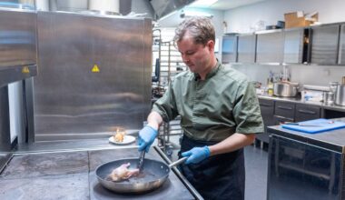 En kokk steker kyllinglår i en panne. Han bruker tenger og har på seg blå engangshansker. I bakgrunnen ses kjøkkenutstyr og en tallerken med mat. Kokken er iført en mørk grønn kokkeskjorte. (Bildebeskrivelsen er laget av en KI-tjeneste)