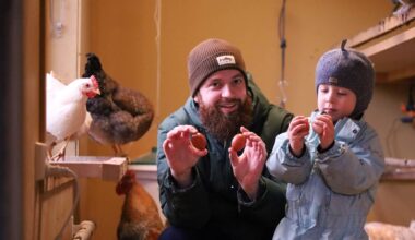 Bård Bendik og sønnen Henly viser fram eggene som hønene har lagt