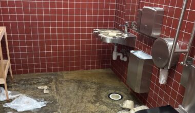 Bilde av et offentlig toalett med røde fliser på veggene. Gulvet er skittent og det ligger avfall, inkludert plastposer og papirruller, rundt. Toalettet er moderne og av rustfritt stål, med en vask og håndtørker synlig i rommet. Omgivelsene gir inntrykk av manglende vedlikehold. (Bildebeskrivelsen er laget av en KI-tjeneste)