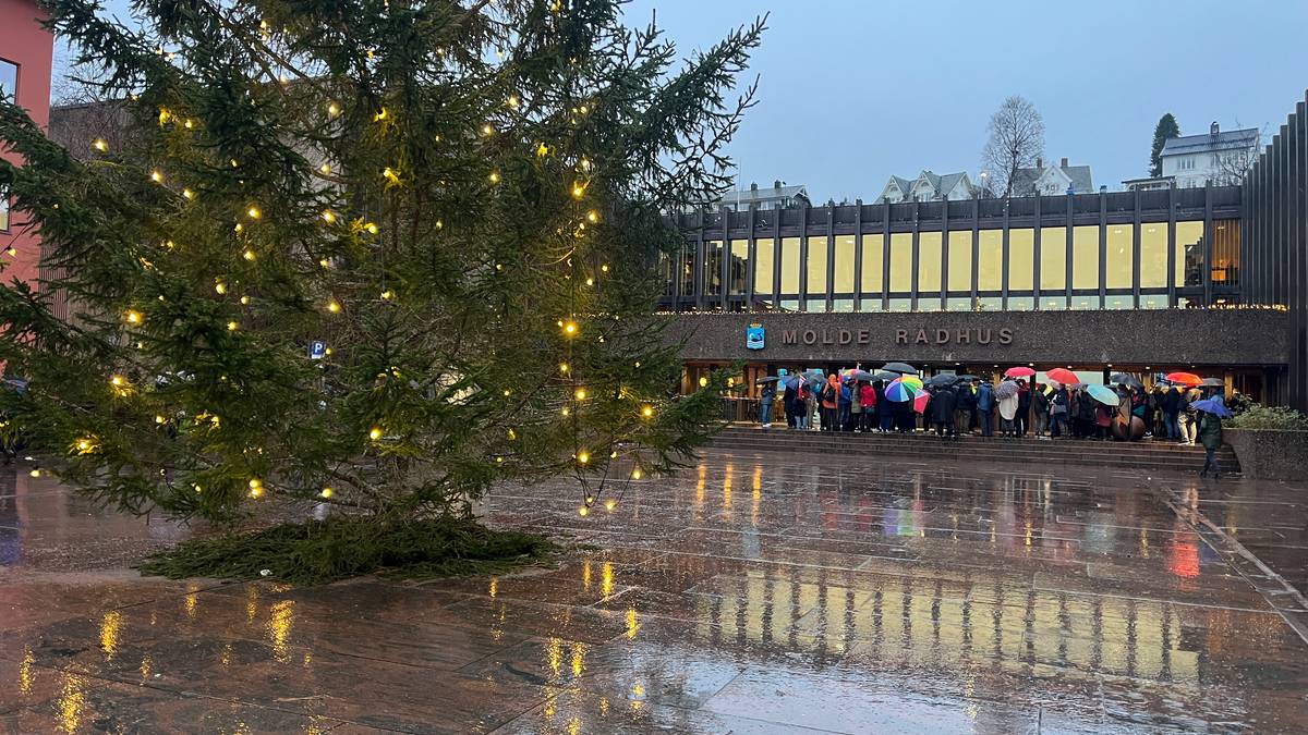 I bildet ser vi en folkemengde samlet foran Molde rådhus, hvor personer står under paraplyer i regnvær. En juletre prydet med lys står til venstre i bildet. Omgivelsene er preget av vått underlag og grå himmel, noe som skaper en dystert stemning. Rådhusets fasade er synlig i bakgrunnen med store vinduer som reflekterer omgivelsene. (Bildebeskrivelsen er laget av en KI-tjeneste)