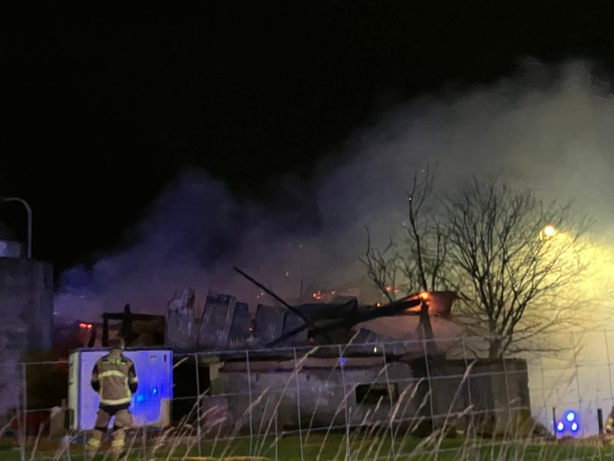 Brann, Driftsbygning | Bygning med over 100 griser overtent på Rennesøy