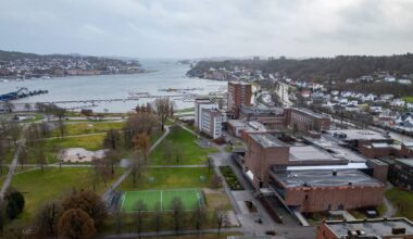 Bildet viser en oversiktsvinkel av en kystby med en havn og bygninger langs vannet. I forgrunnen ses en stor park med trær og en liten fotballbane. (Bildebeskrivelsen er laget av en KI-tjeneste)