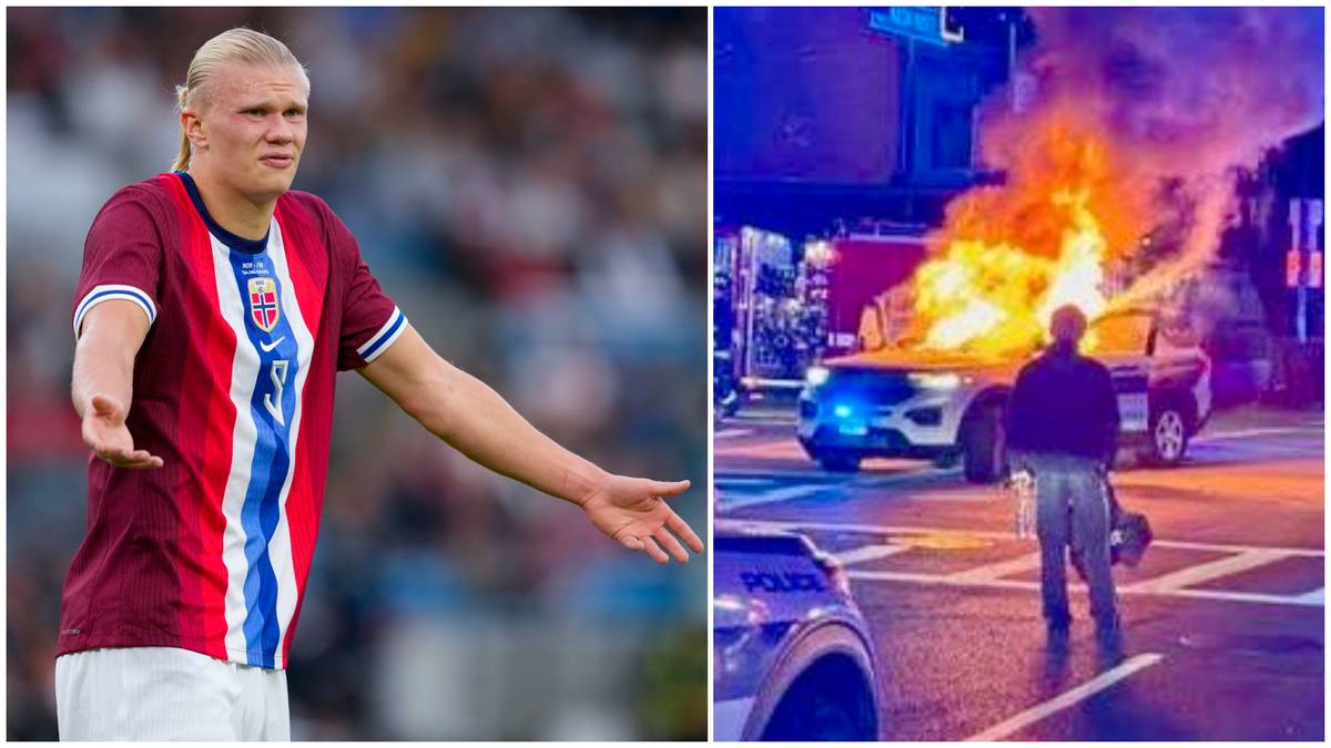 Erling Braut Haaland og en politibil i brann