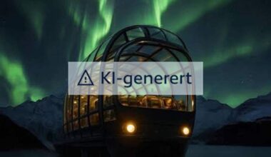 Bildet viser et moderne tog med store glassvinduer som kjører gjennom et landskap opplyst av nordlys. Toget har en futuristisk design og er plassert i en naturskjønn setting med fjell og vann i bakgrunnen. Nordlyset skaper en dramatisk himmel med grønn og blå lysvirkning. Det er natt, og lysene fra toget reflekteres svakt i vannet ved siden av. (Bildebeskrivelsen er laget av en KI-tjeneste)