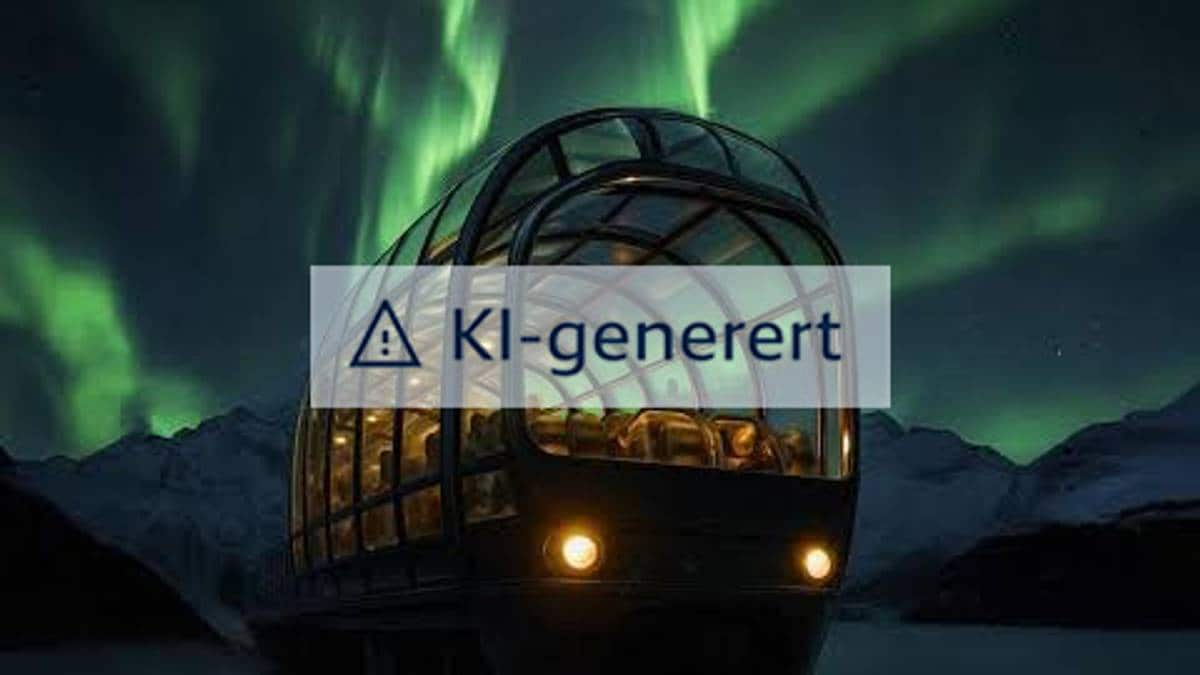 Bildet viser et moderne tog med store glassvinduer som kjører gjennom et landskap opplyst av nordlys. Toget har en futuristisk design og er plassert i en naturskjønn setting med fjell og vann i bakgrunnen. Nordlyset skaper en dramatisk himmel med grønn og blå lysvirkning. Det er natt, og lysene fra toget reflekteres svakt i vannet ved siden av. (Bildebeskrivelsen er laget av en KI-tjeneste)