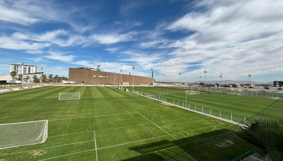 Store grønne fotballbaner med mål og gjerder under blå himmel i Torreón.