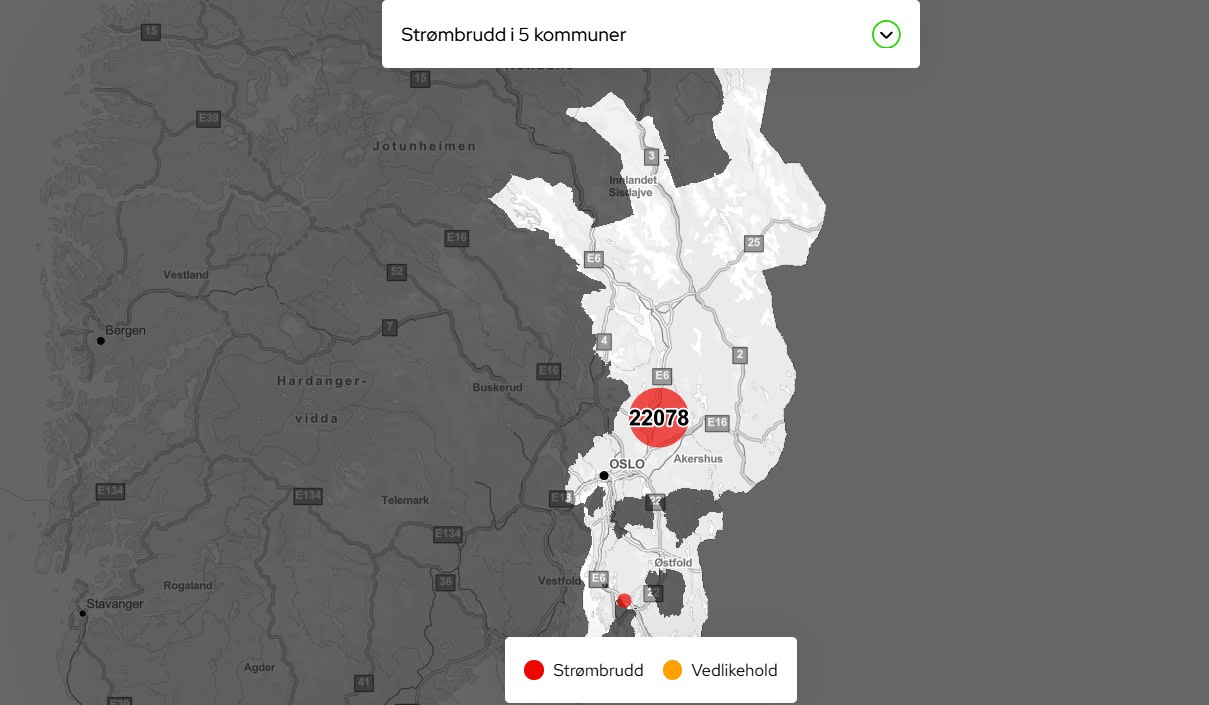 Slik så Elvias strømbruddskart ut kl. 17.13.