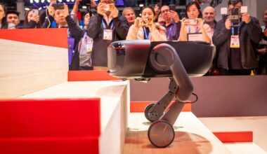 Roborocks Saros Rover-konsept har to leddede bein som kan brukes til å løfte støvsugeren opp trappetrinn. Dermed kan den dekke flere etasjer og også støvsuge trappa.