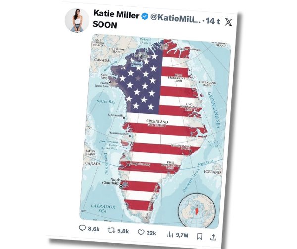 GRØNLAND-KART: Katie Miller, kona til Trump-rådgiver Stephen Miller, postet 3. mars et Grønland-kart dekket med USAs flagg og teksten SOON (snart).