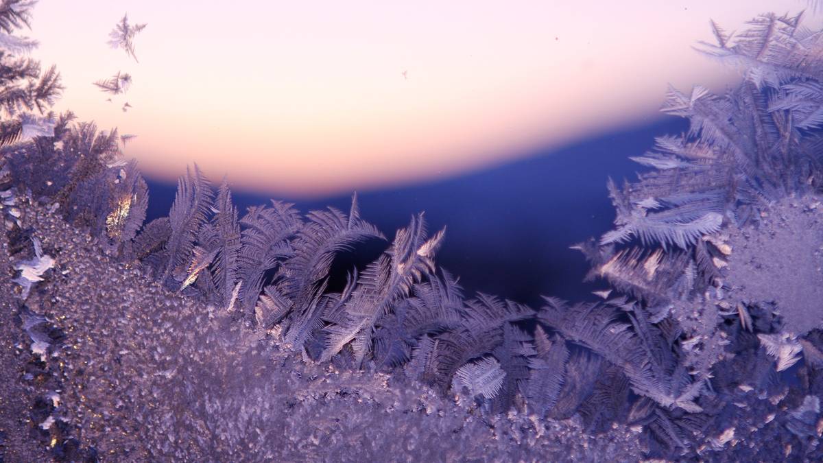 Bildet viser frostede iskrystaller på en vindusrute, med en pastelldempet soloppgang i bakgrunnen. Kanten av vinduet er prydet med detaljerte, filigran-liknende isformer. Fargene varierer fra blått til rosa, og bakgrunnen viser konturene av en fjellrygg. Bildet gir en følelse av vinter og tidlig morgenstemning. (Bildebeskrivelsen er laget av en KI-tjeneste)