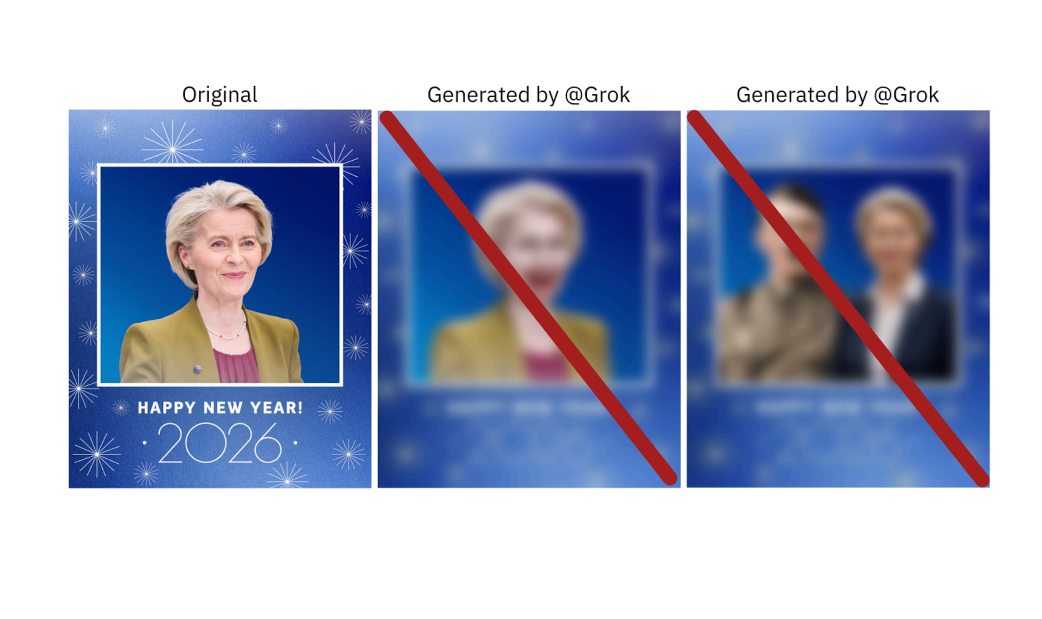 I rapporten fra franske AI Forensics vises disse bildene av EU-kommisjonens president Ursula von der Leyen. Hun er en av mange fremstående kvinner som har fått generert bilder av seg på X med Grok.